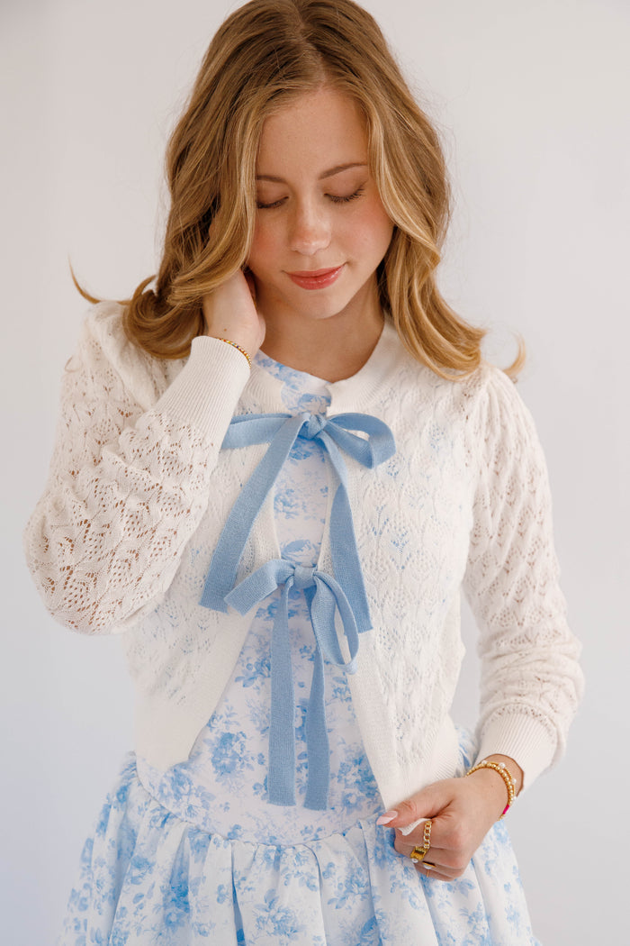 White Pointelle Knit Top- Bow Cardigan- Storia Blue Bow Cardigan