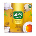 Zesta tea packaging with a yellow background and tea bag illustrations.